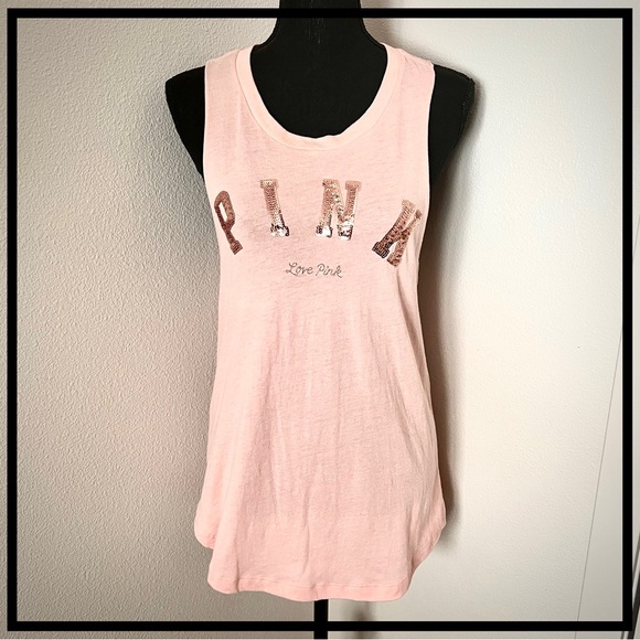 PINK Victoria's Secret Tops - • VS PINK Light Rose Pink Rose Gold Sequin Cut-Off Tank •